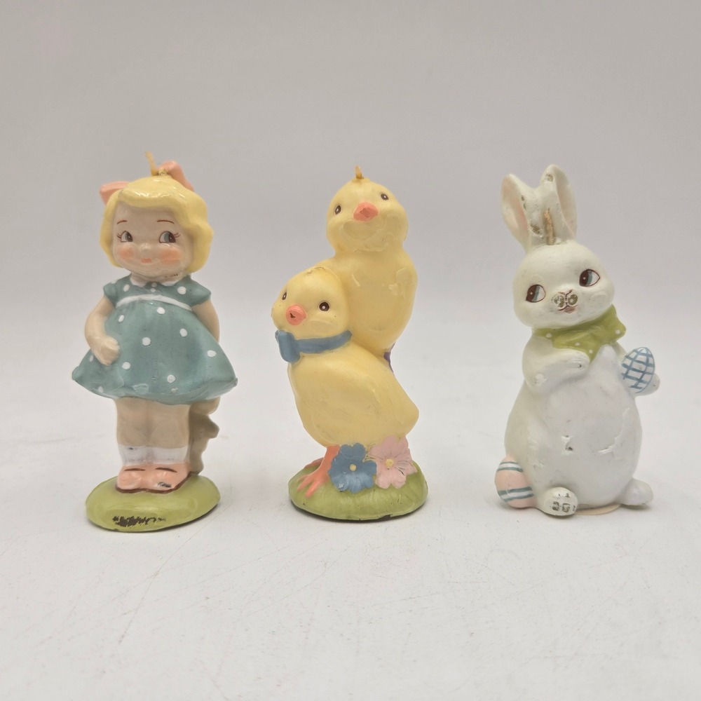 Vintage Easter Candle Set Girl in Polka Dot Dress Chicks Bunny Figurines 3pc